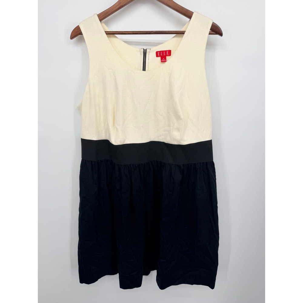 Elle Colorblock Dress Women 1X Cream Navy Blue Excellent Sleeveless Fit Flare